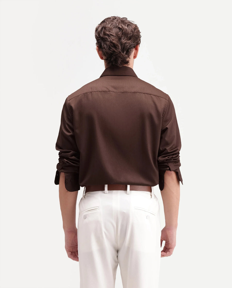 Rare Rabbit Men's Aston Brown Polyester Blend Spread Collar Button Regular Plain Shirt
