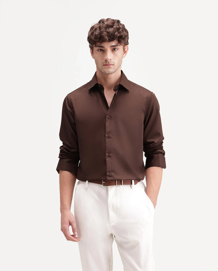 Rare Rabbit Men's Aston Brown Polyester Blend Spread Collar Button Regular Plain Shirt