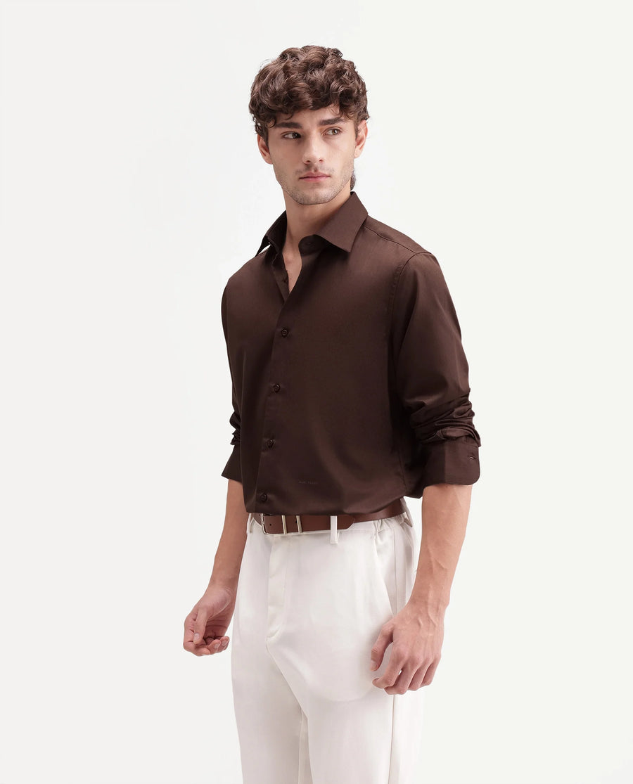 Rare Rabbit Men's Aston Brown Polyester Blend Spread Collar Button Regular Plain Shirt