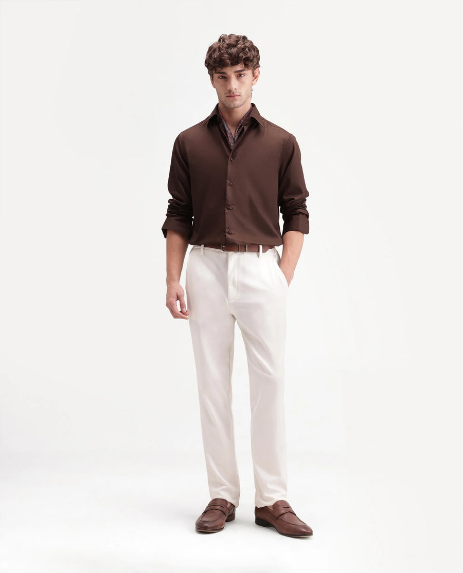 Rare Rabbit Men's Aston Brown Polyester Blend Spread Collar Button Regular Plain Shirt