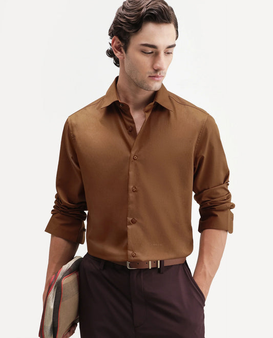 Rare Rabbit Men's Aston Dusky Brown Polyester Blend Spread Collar Button Regular Plain Shirt