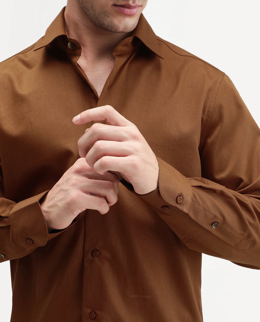 Rare Rabbit Men's Aston Dusky Brown Polyester Blend Spread Collar Button Regular Plain Shirt