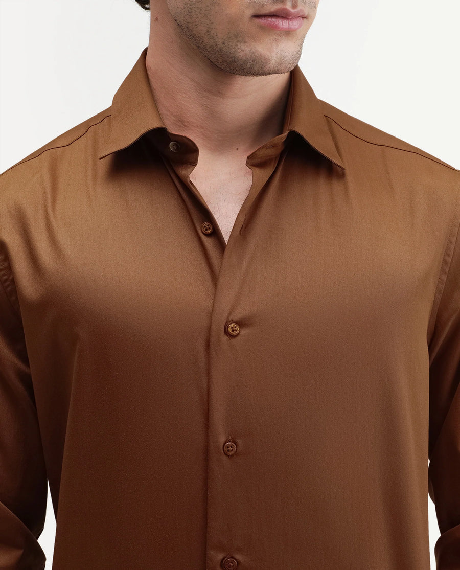 Rare Rabbit Men's Aston Dusky Brown Polyester Blend Spread Collar Button Regular Plain Shirt