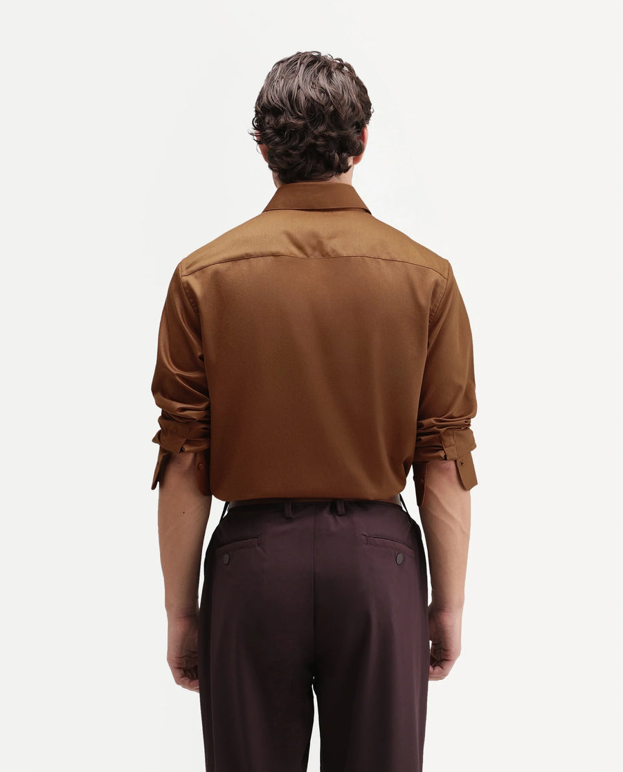 Rare Rabbit Men's Aston Dusky Brown Polyester Blend Spread Collar Button Regular Plain Shirt