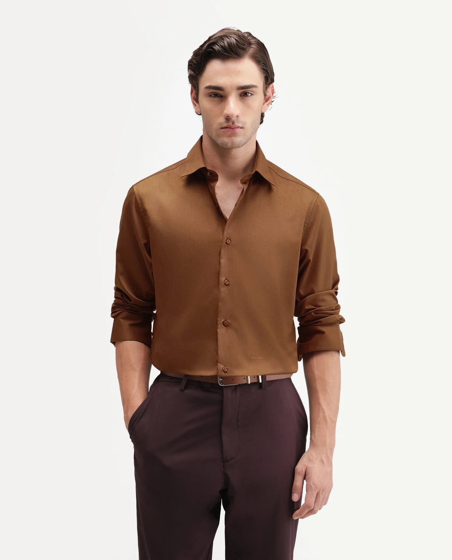 Rare Rabbit Men's Aston Dusky Brown Polyester Blend Spread Collar Button Regular Plain Shirt