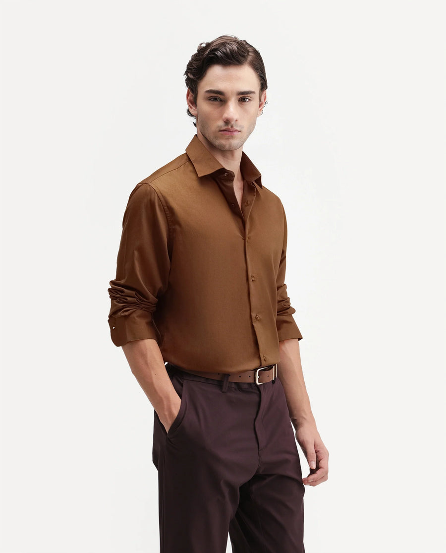 Rare Rabbit Men's Aston Dusky Brown Polyester Blend Spread Collar Button Regular Plain Shirt