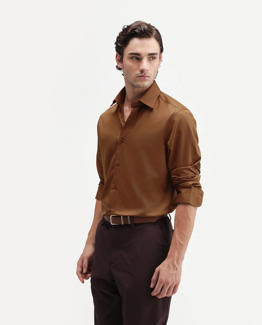 Rare Rabbit Men's Aston Dusky Brown Polyester Blend Spread Collar Button Regular Plain Shirt