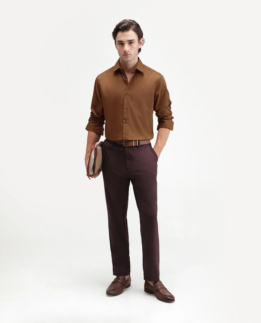 Rare Rabbit Men's Aston Dusky Brown Polyester Blend Spread Collar Button Regular Plain Shirt