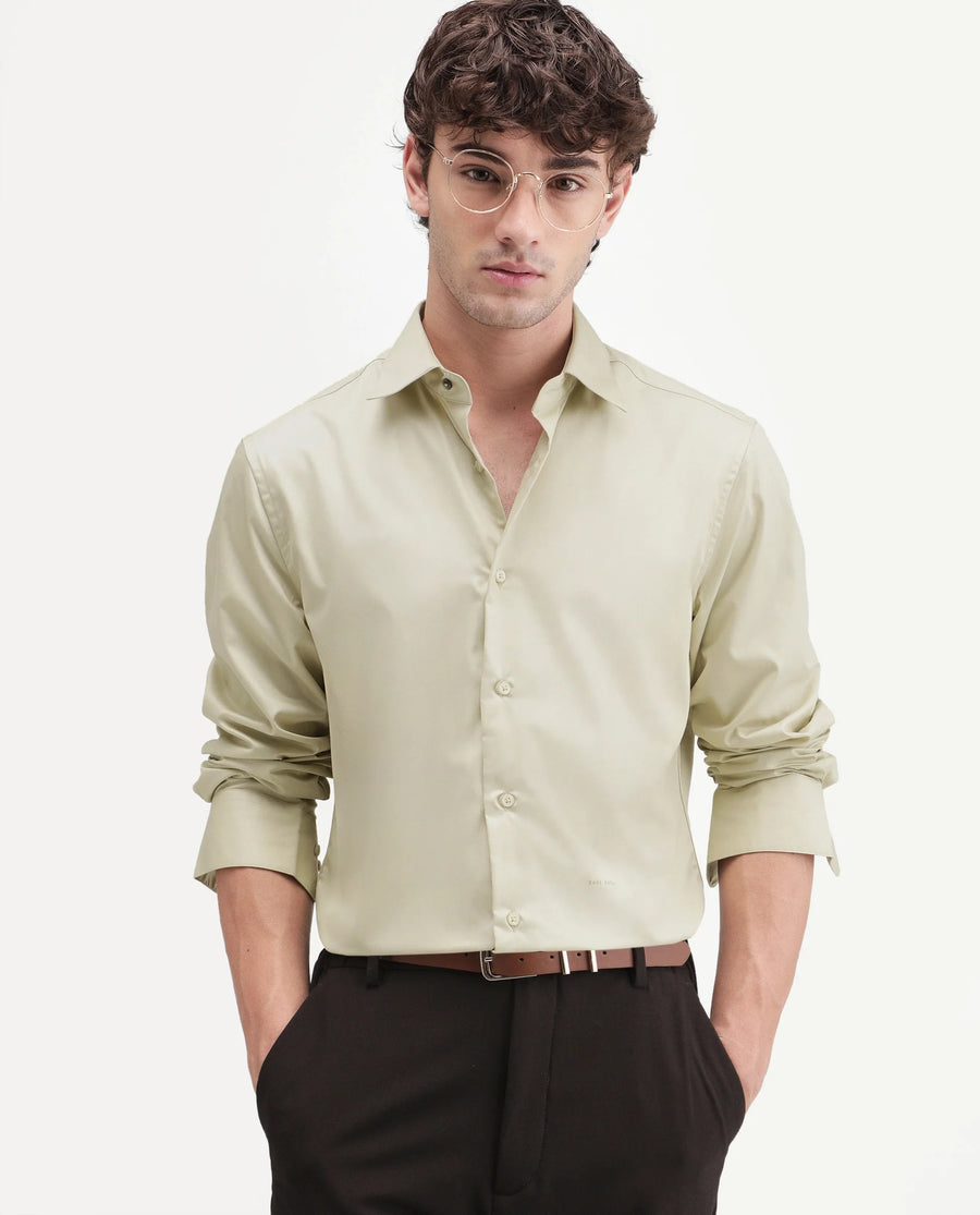 Rare Rabbit Men's Aston Dusky Green Polyester Blend Spread Collar Button Regular Plain Shirt