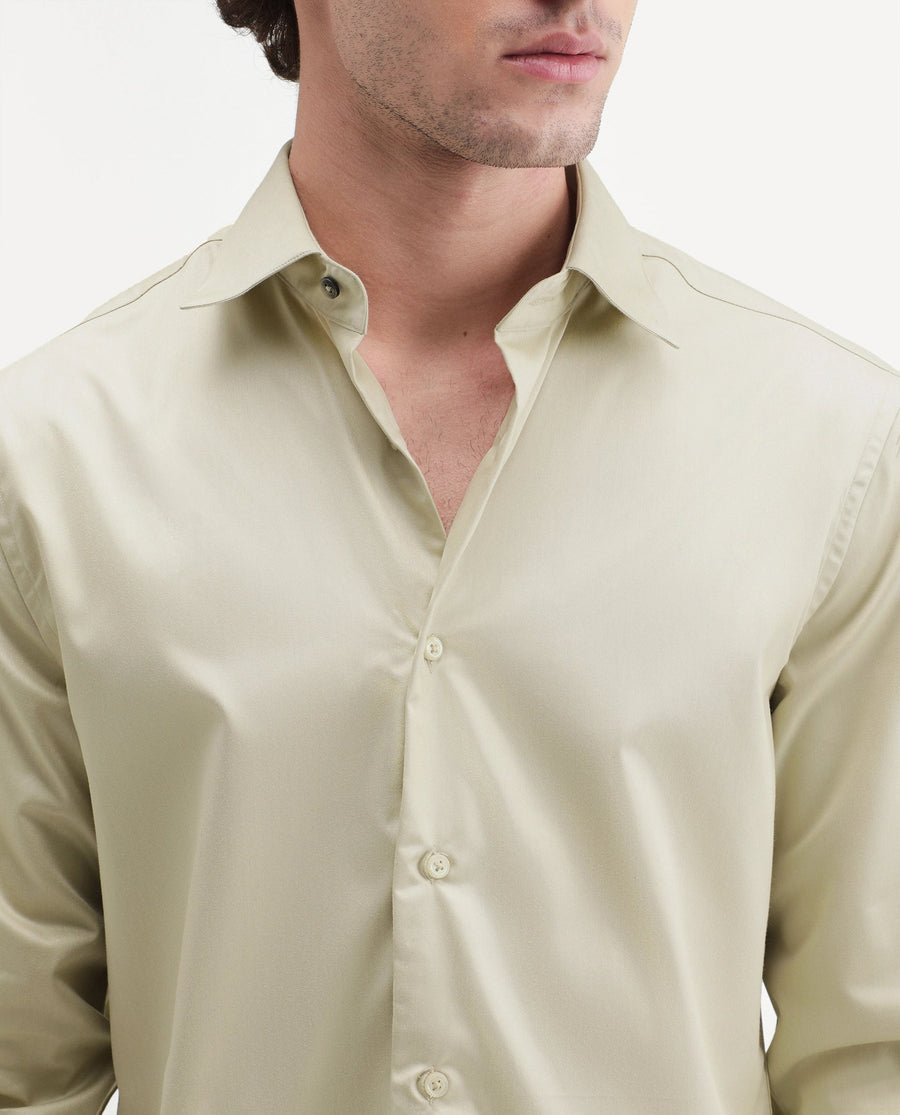 Rare Rabbit Men's Aston Dusky Green Polyester Blend Spread Collar Button Regular Plain Shirt