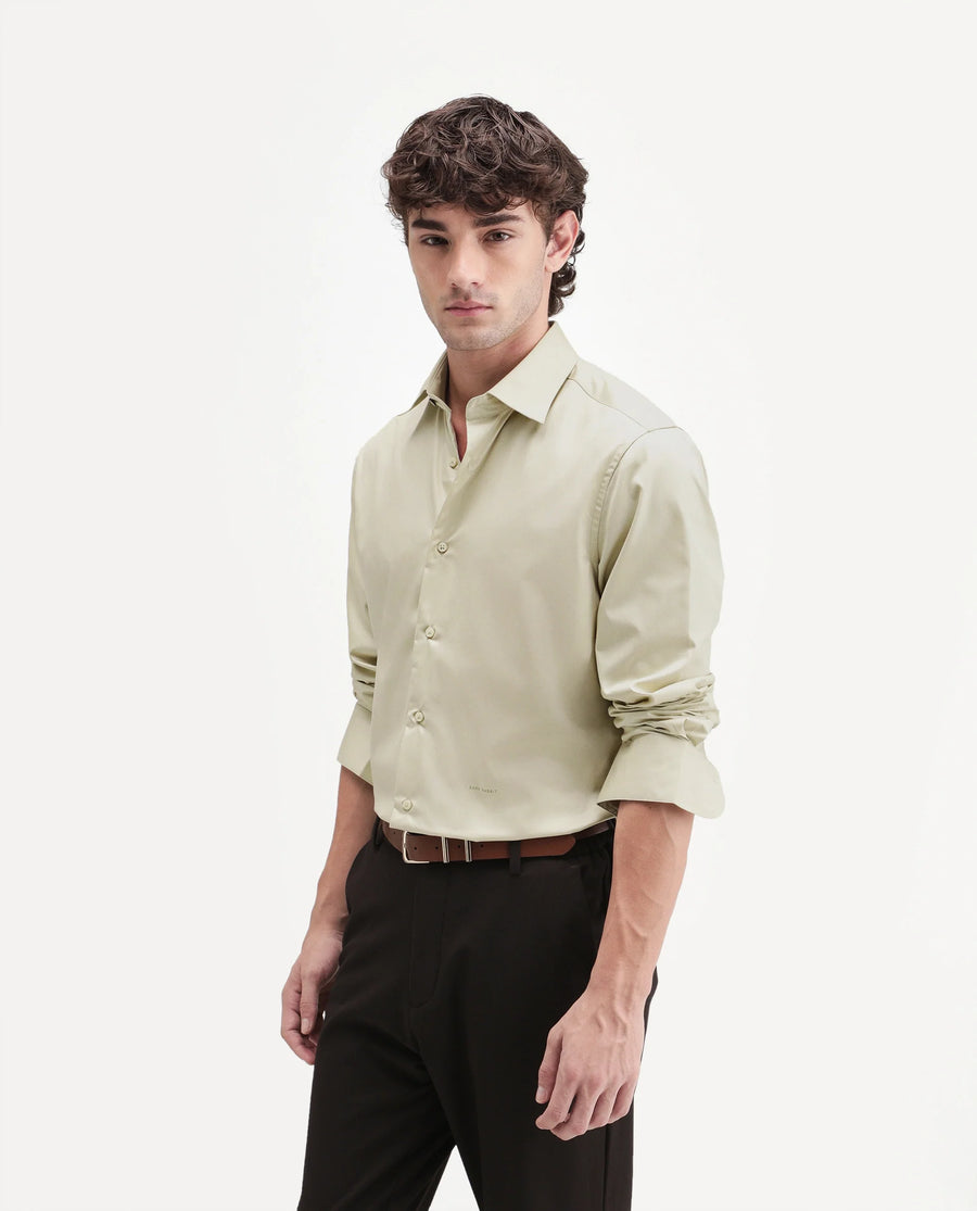Rare Rabbit Men's Aston Dusky Green Polyester Blend Spread Collar Button Regular Plain Shirt