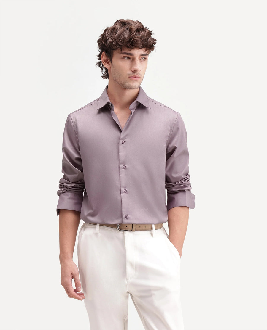 Rare Rabbit Men's Aston Purple Polyester Blend Spread Collar Button Regular Plain Shirt
