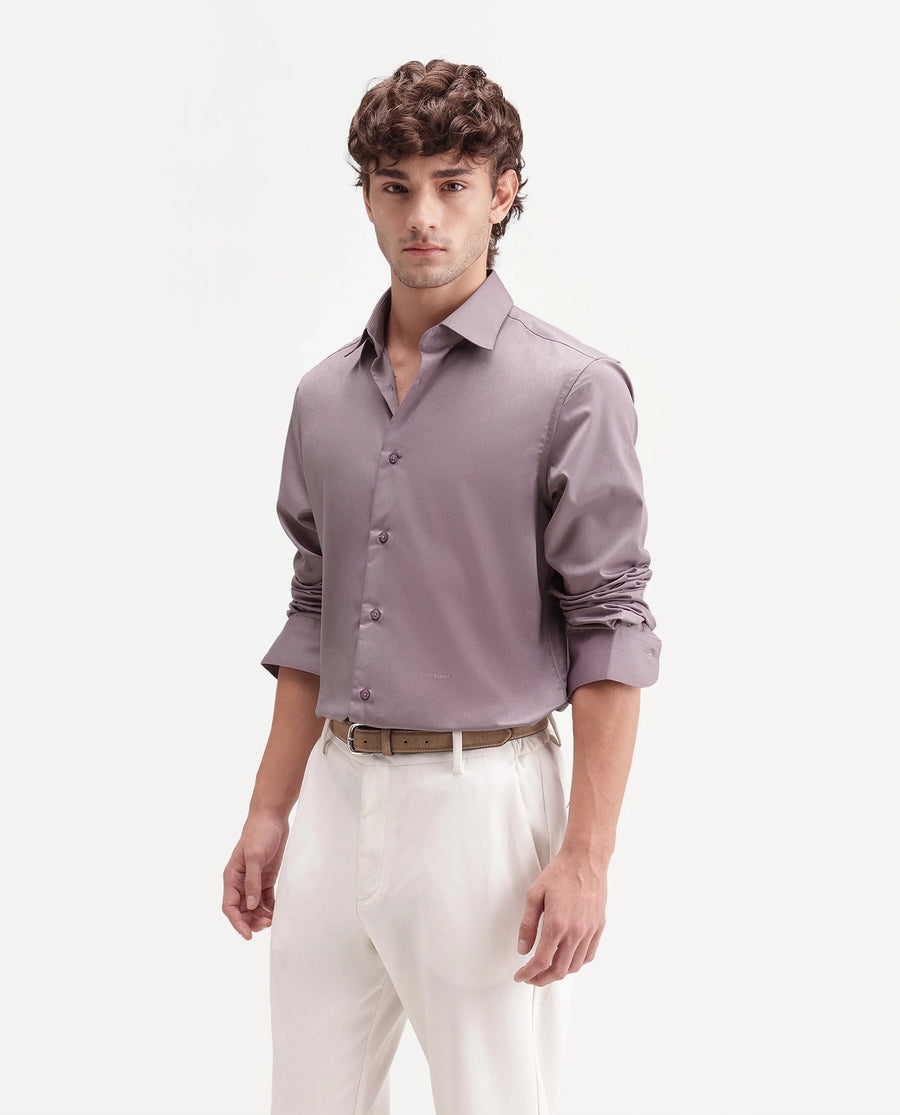Rare Rabbit Men's Aston Purple Polyester Blend Spread Collar Button Regular Plain Shirt