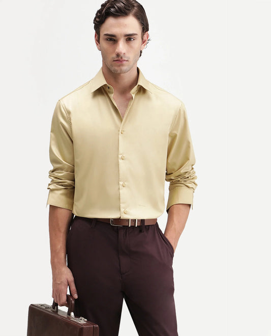 Rare Rabbit Men's Aston Mustard Polyester Blend Spread Collar Button Regular Plain Shirt
