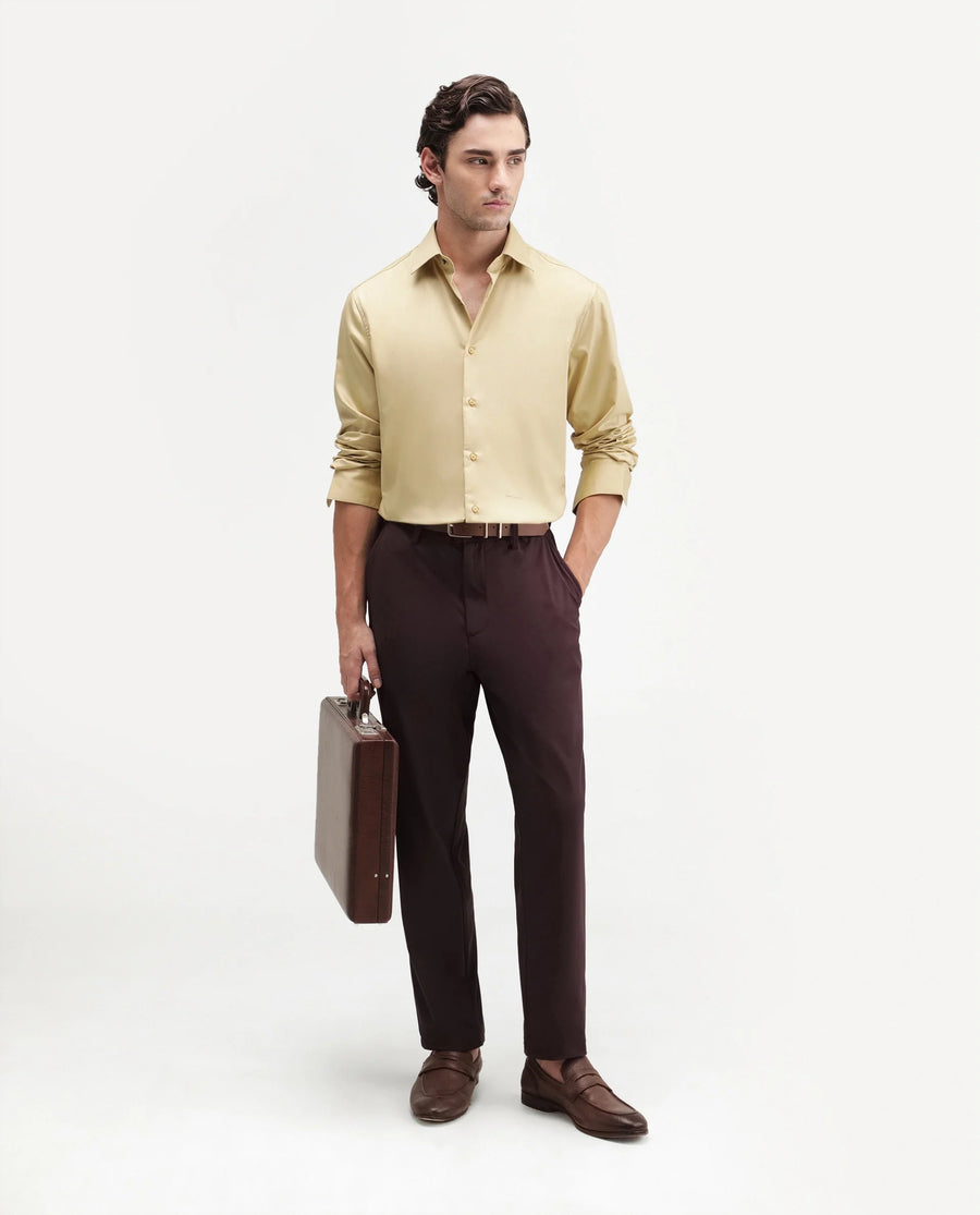 Rare Rabbit Men's Aston Mustard Polyester Blend Spread Collar Button Regular Plain Shirt