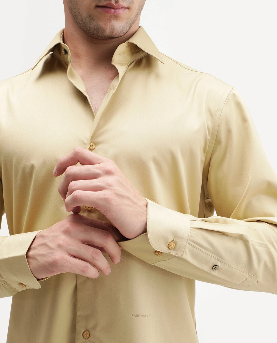 Rare Rabbit Men's Aston Mustard Polyester Blend Spread Collar Button Regular Plain Shirt