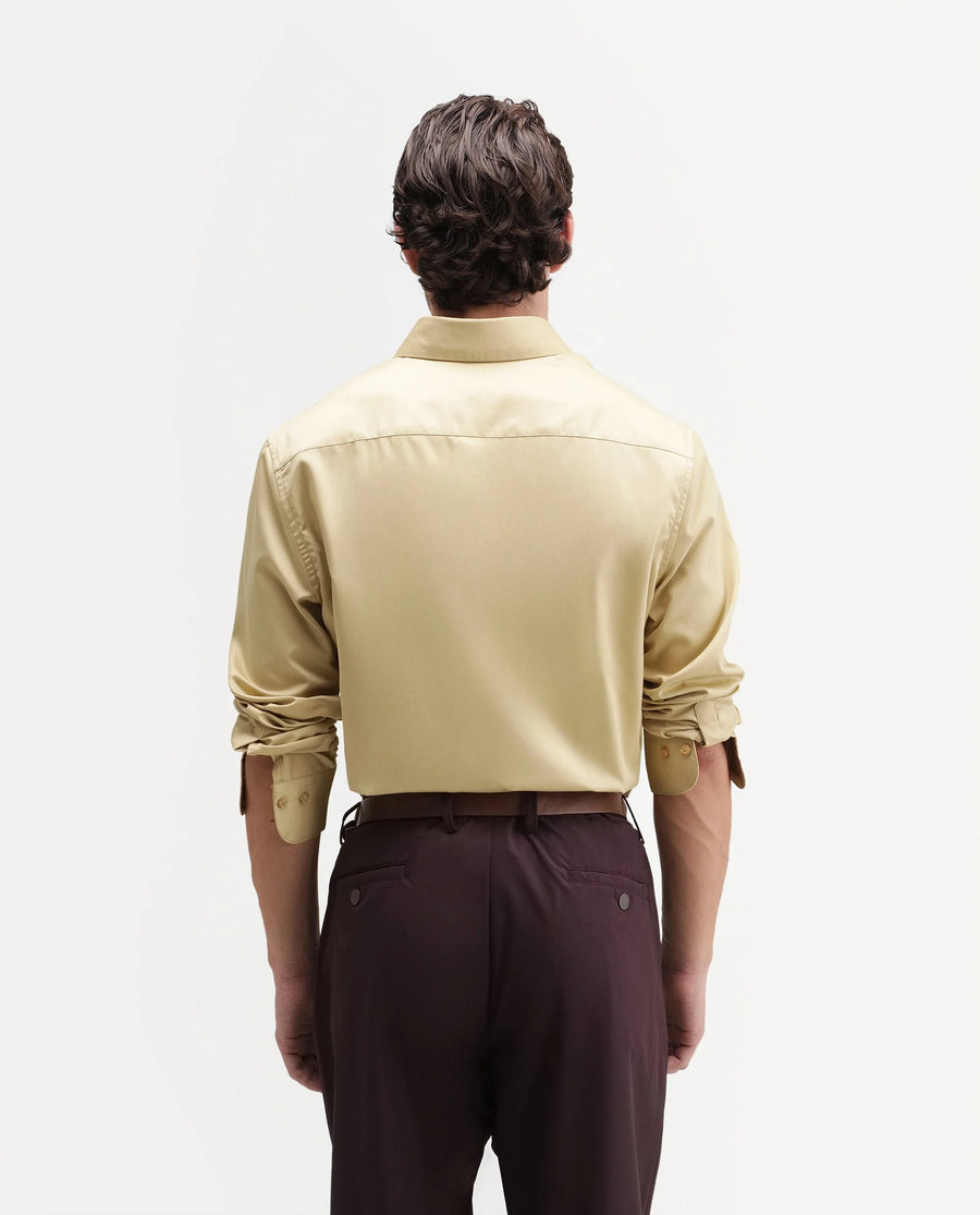 Rare Rabbit Men's Aston Mustard Polyester Blend Spread Collar Button Regular Plain Shirt