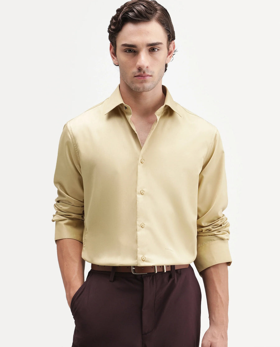 Rare Rabbit Men's Aston Mustard Polyester Blend Spread Collar Button Regular Plain Shirt