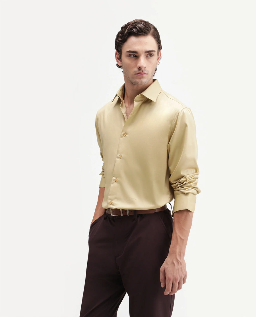 Rare Rabbit Men's Aston Mustard Polyester Blend Spread Collar Button Regular Plain Shirt