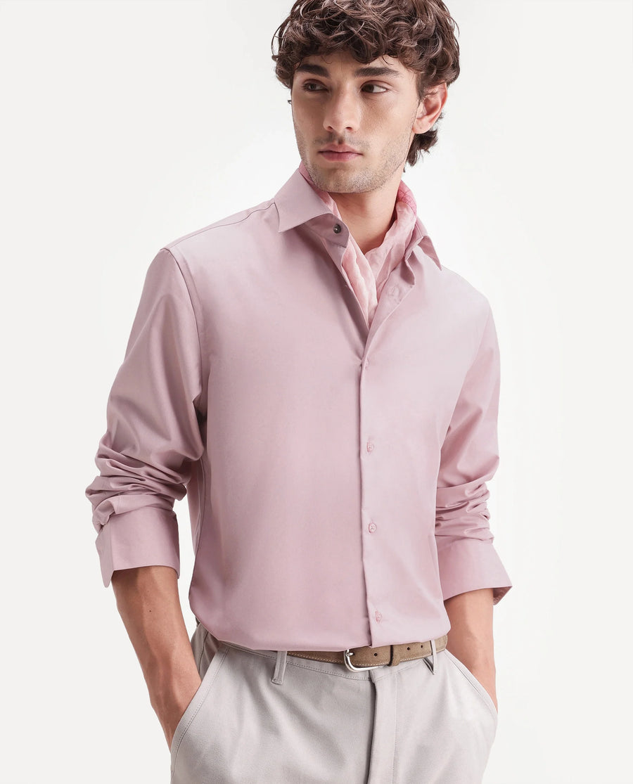 Rare Rabbit Men's Aston Light Pink Polyester Blend Spread Collar Button Regular Plain Shirt