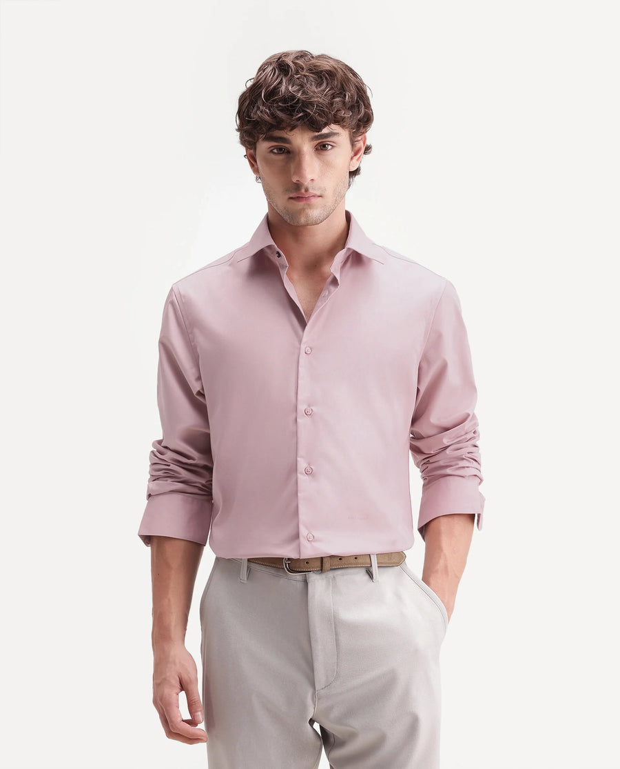 Rare Rabbit Men's Aston Light Pink Polyester Blend Spread Collar Button Regular Plain Shirt