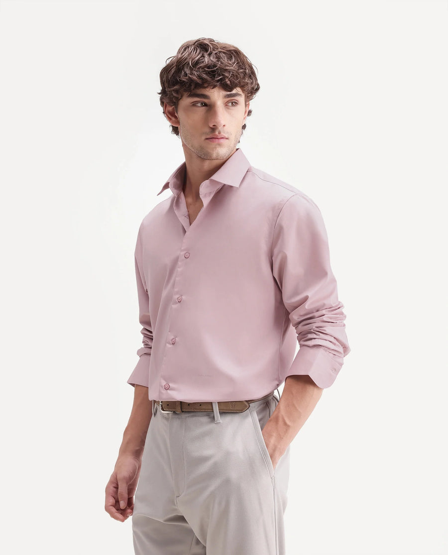 Rare Rabbit Men's Aston Light Pink Polyester Blend Spread Collar Button Regular Plain Shirt