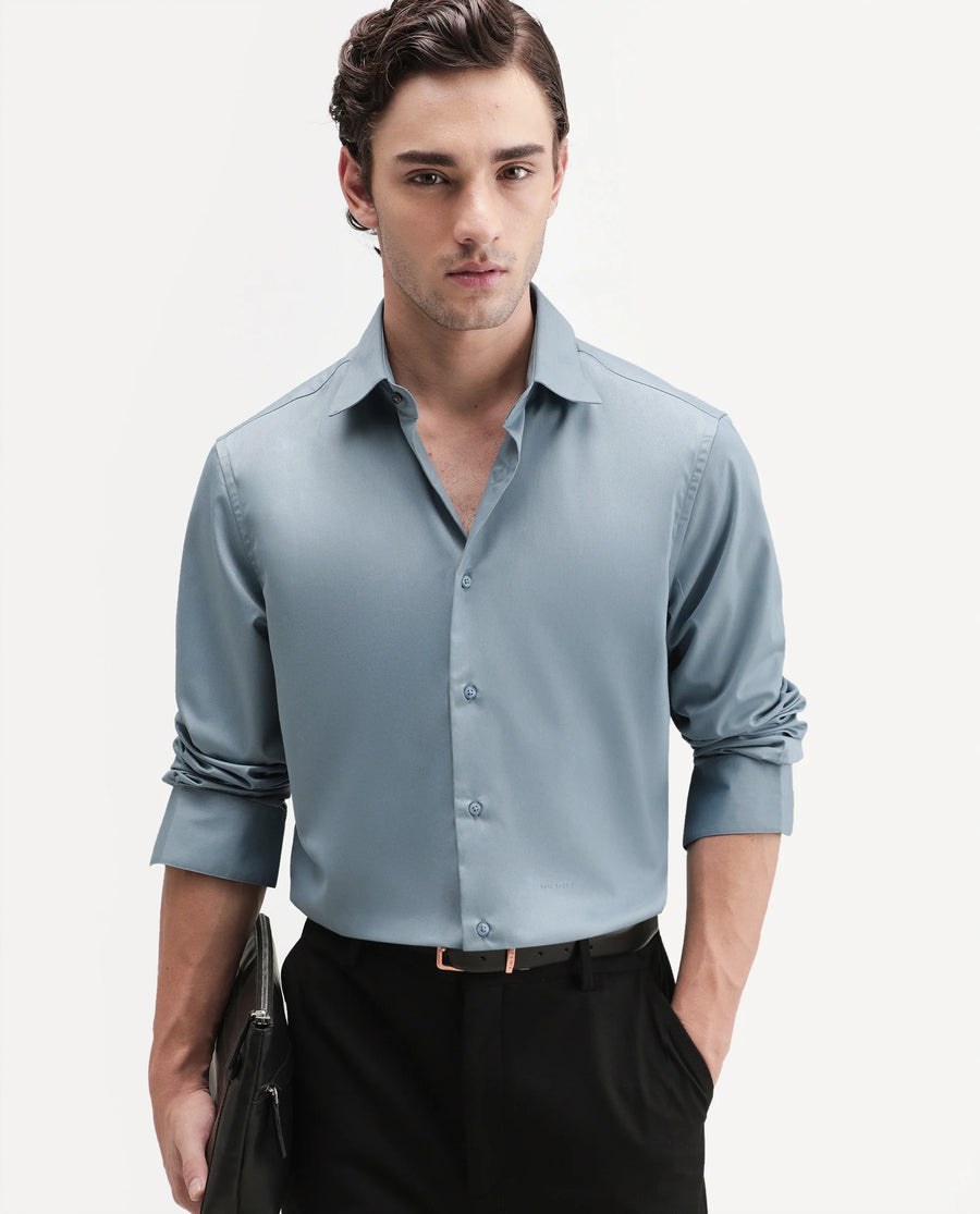 Rare Rabbit Men's Aston Blue Polyester Blend Spread Collar Button Regular Plain Shirt