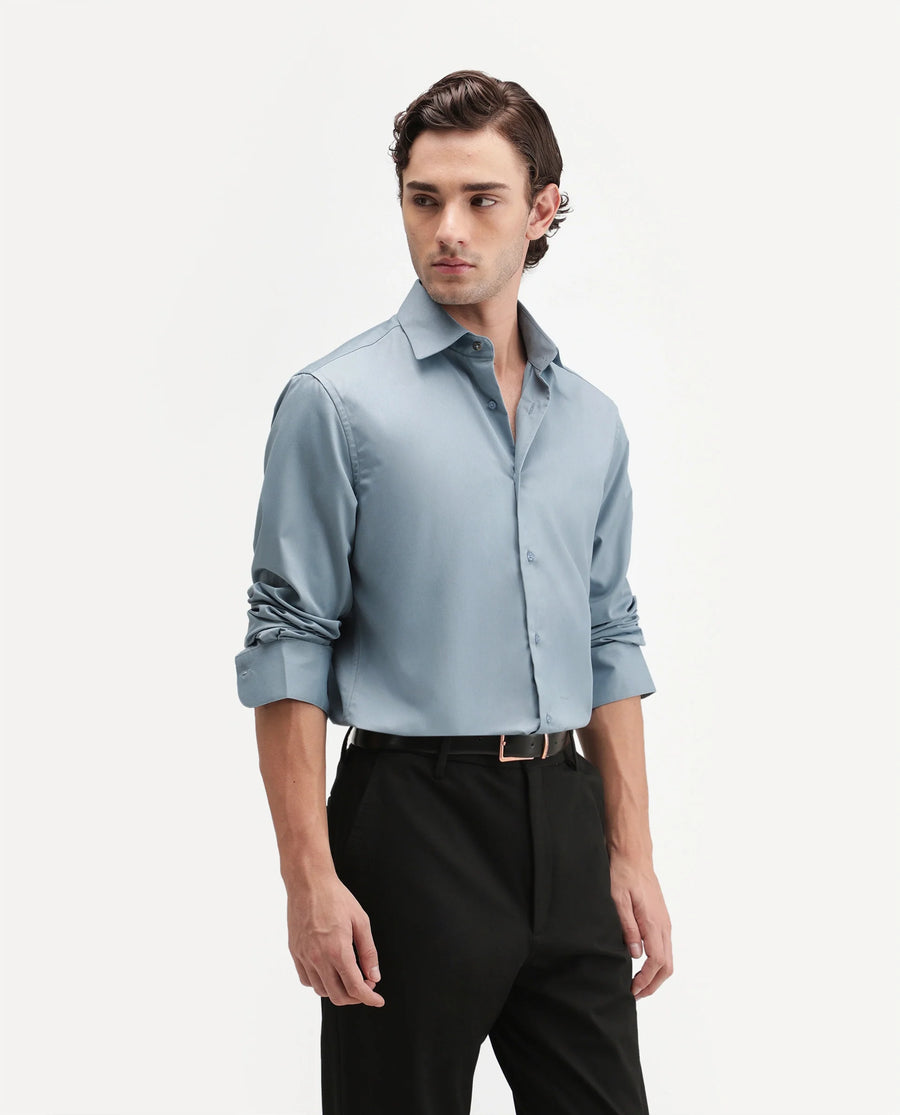 Rare Rabbit Men's Aston Blue Polyester Blend Spread Collar Button Regular Plain Shirt