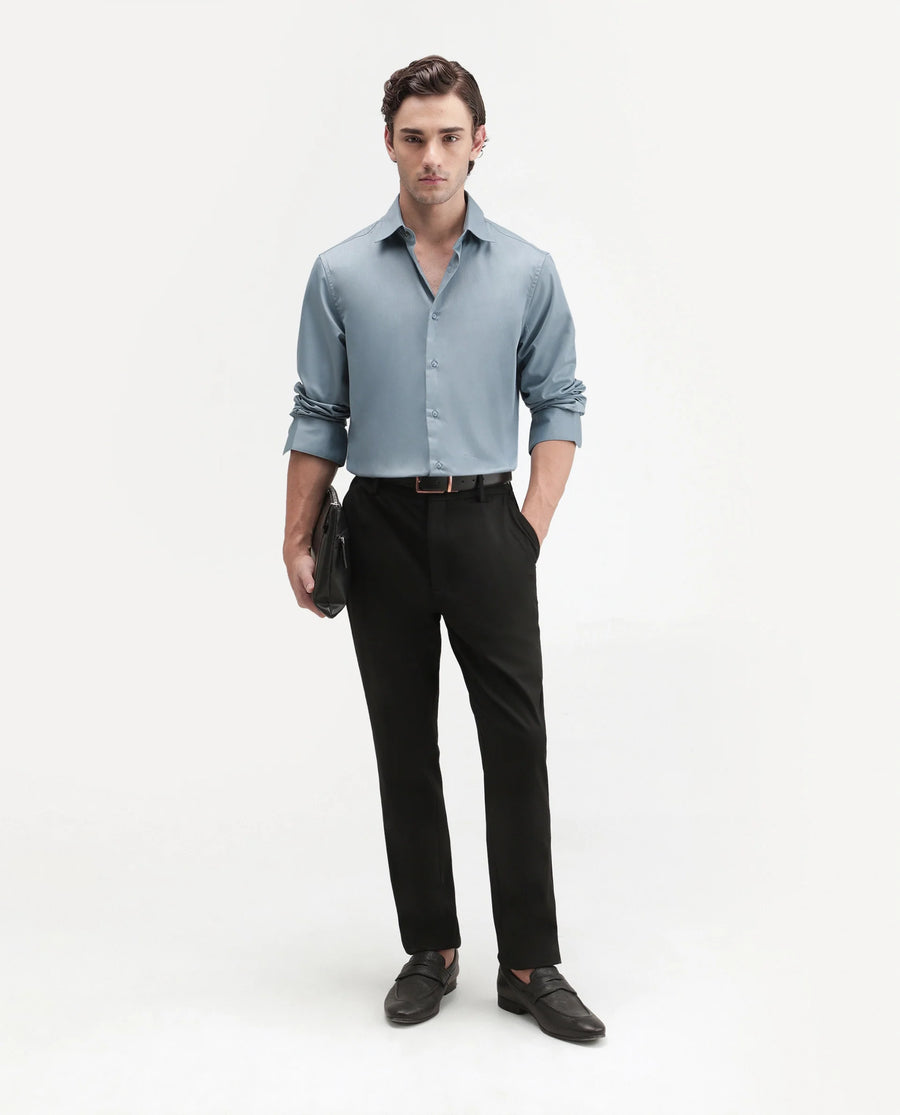 Rare Rabbit Men's Aston Blue Polyester Blend Spread Collar Button Regular Plain Shirt