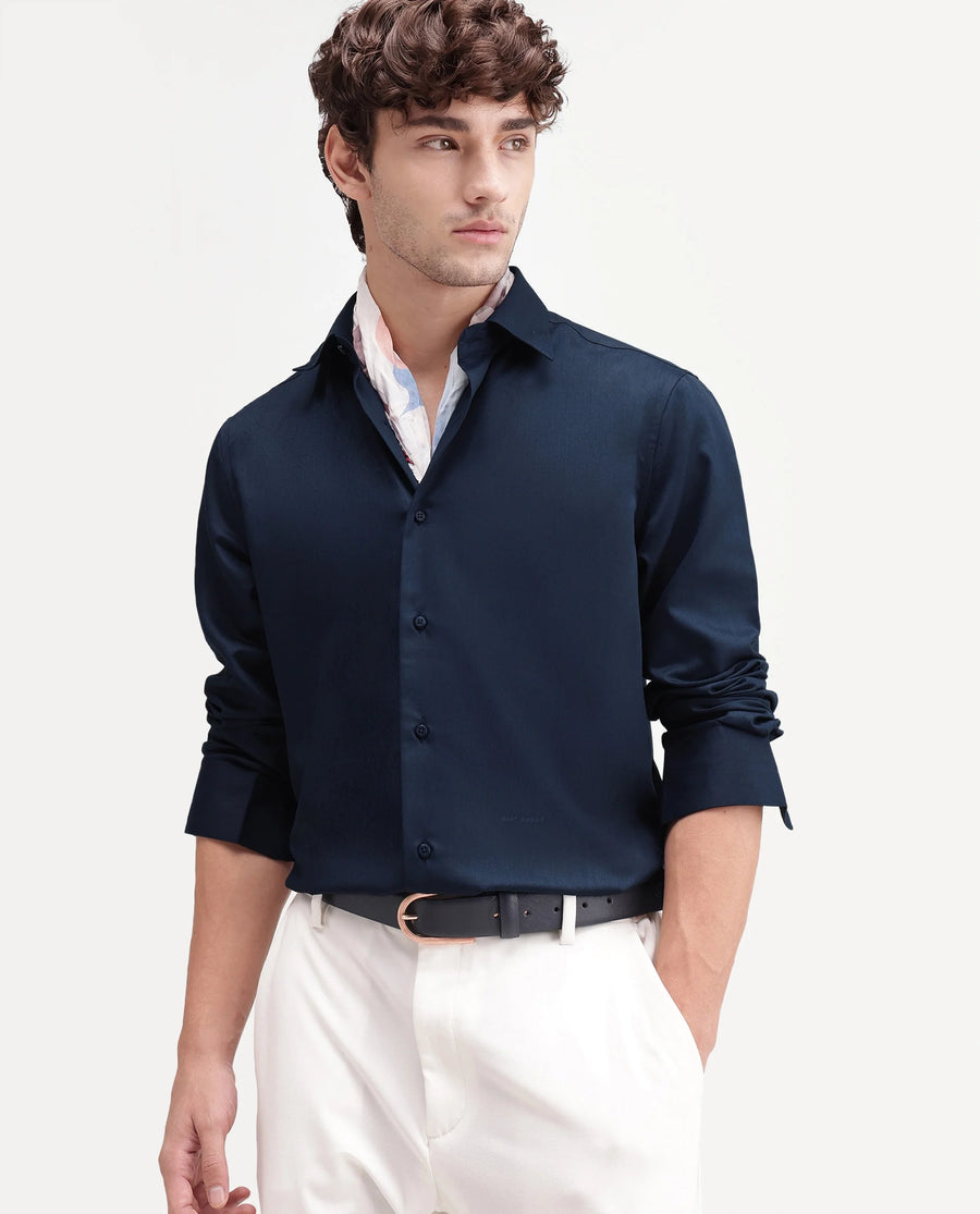Rare Rabbit Men's Aston Navy Polyester Blend Spread Collar Button Regular Plain Shirt