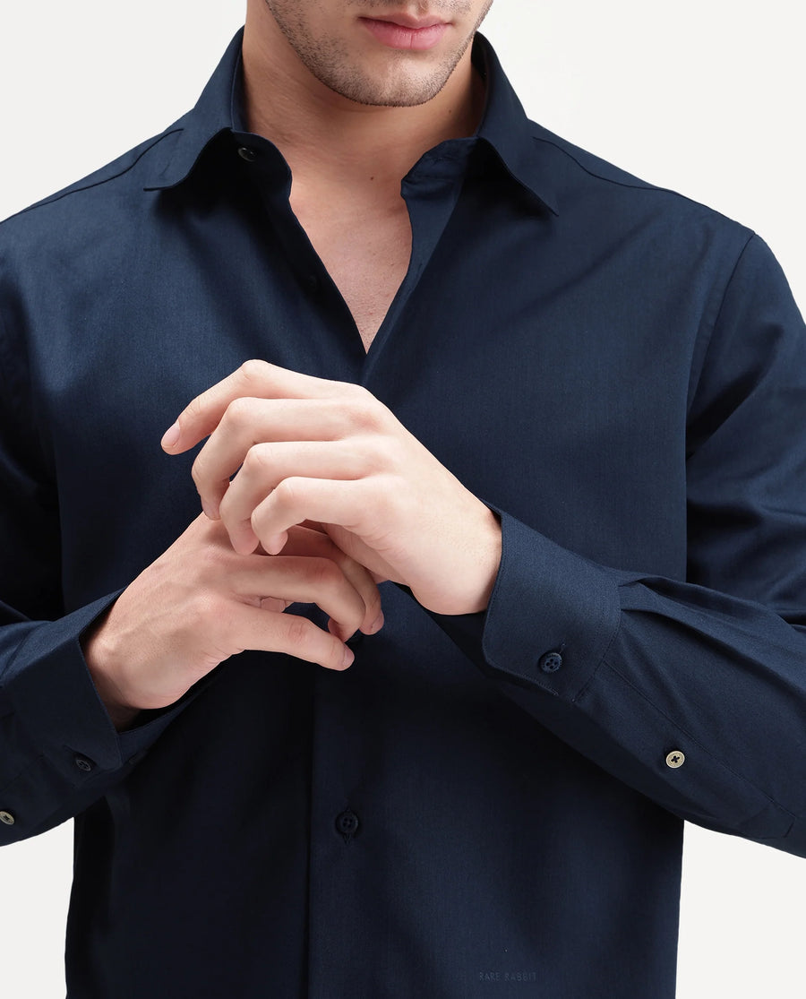 Rare Rabbit Men's Aston Navy Polyester Blend Spread Collar Button Regular Plain Shirt