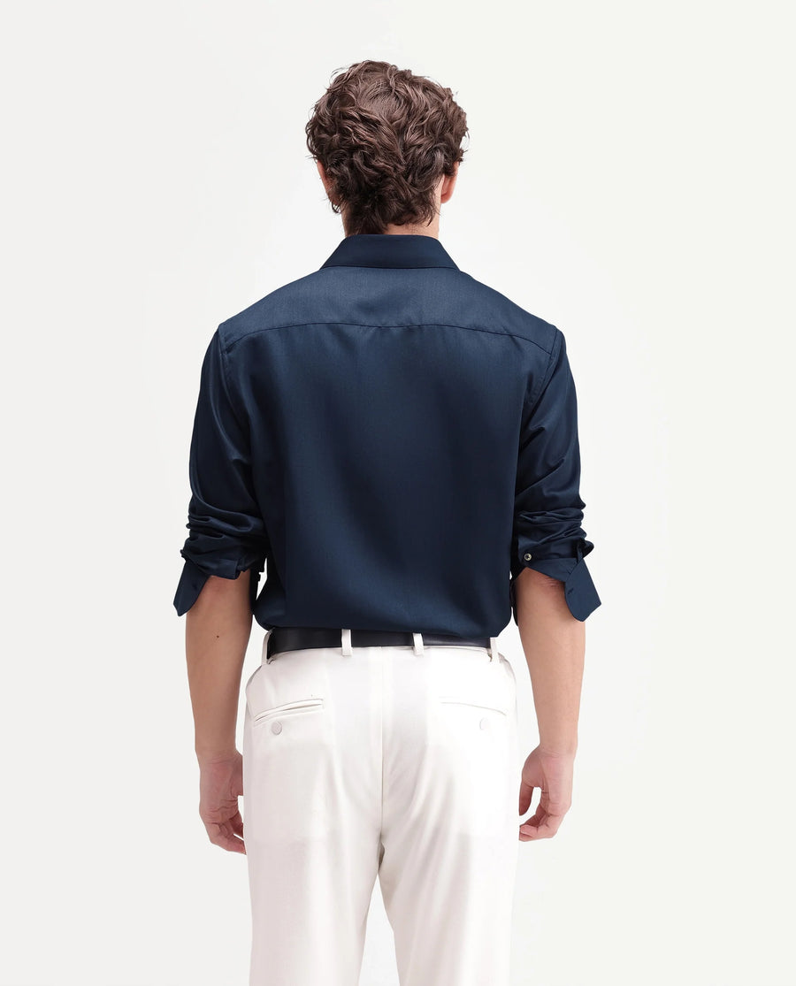 Rare Rabbit Men's Aston Navy Polyester Blend Spread Collar Button Regular Plain Shirt