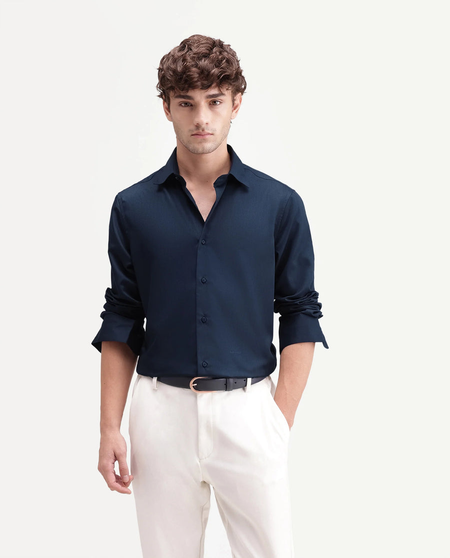 Rare Rabbit Men's Aston Navy Polyester Blend Spread Collar Button Regular Plain Shirt
