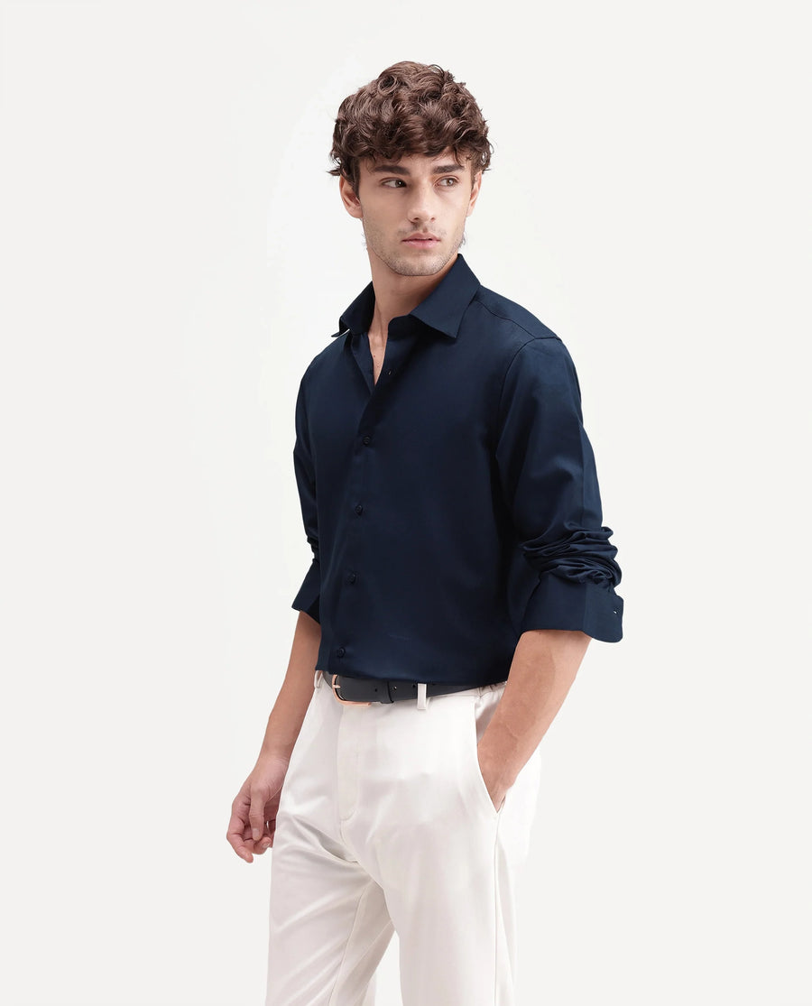 Rare Rabbit Men's Aston Navy Polyester Blend Spread Collar Button Regular Plain Shirt