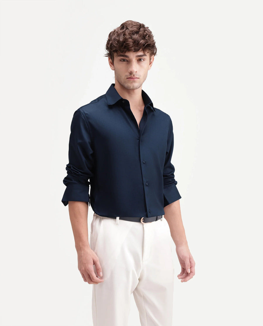 Rare Rabbit Men's Aston Navy Polyester Blend Spread Collar Button Regular Plain Shirt