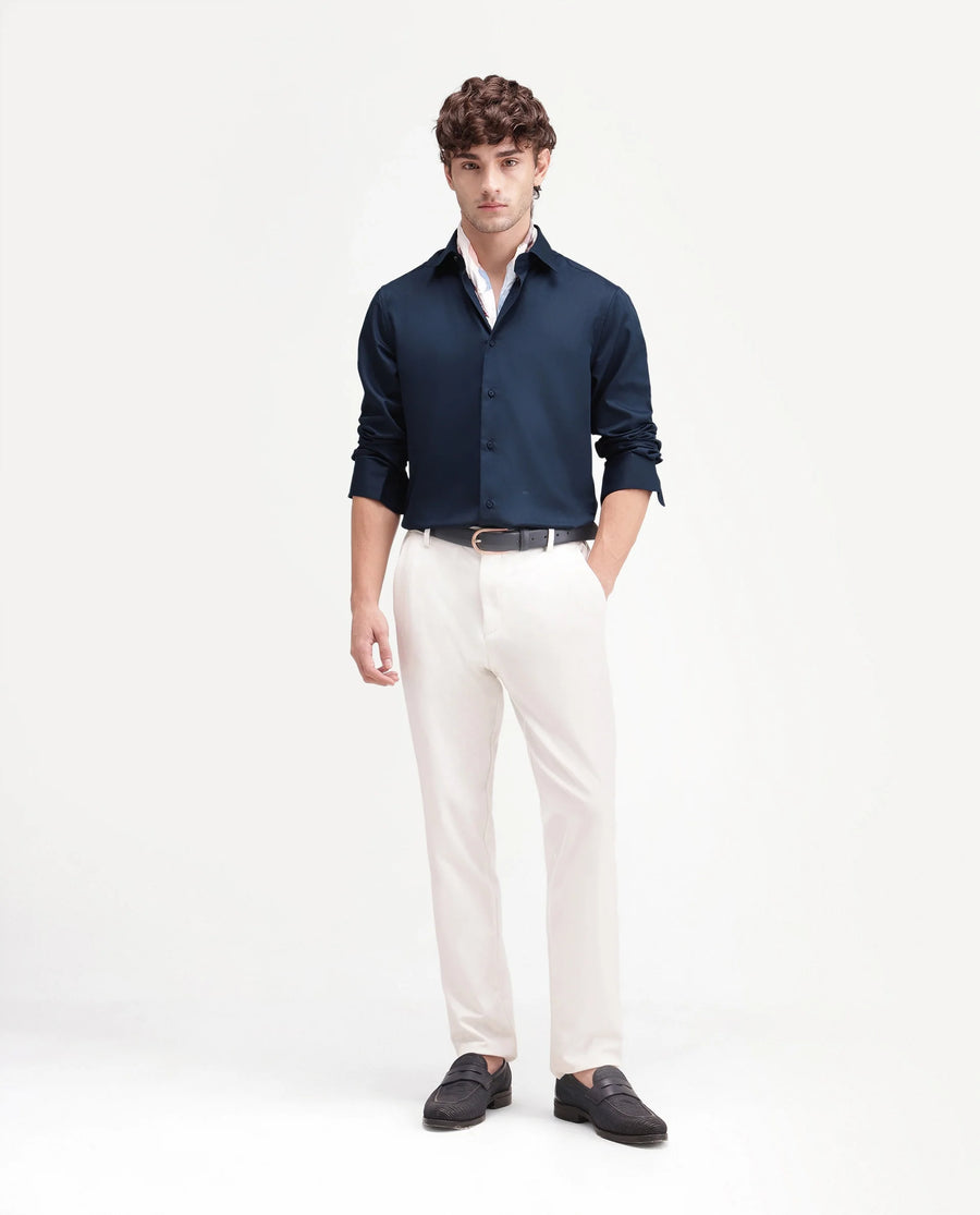 Rare Rabbit Men's Aston Navy Polyester Blend Spread Collar Button Regular Plain Shirt