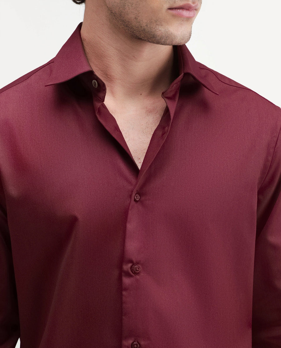 Rare Rabbit Men's Aston Maroon Polyester Blend Spread Collar Button Regular Plain Shirt