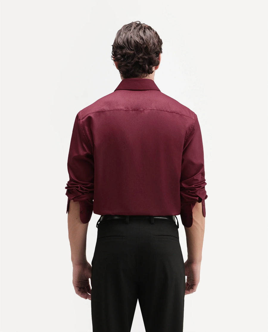 Rare Rabbit Men's Aston Maroon Polyester Blend Spread Collar Button Regular Plain Shirt