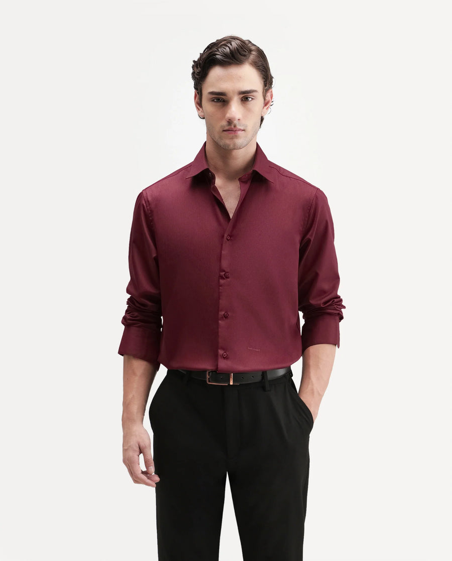 Rare Rabbit Men's Aston Maroon Polyester Blend Spread Collar Button Regular Plain Shirt