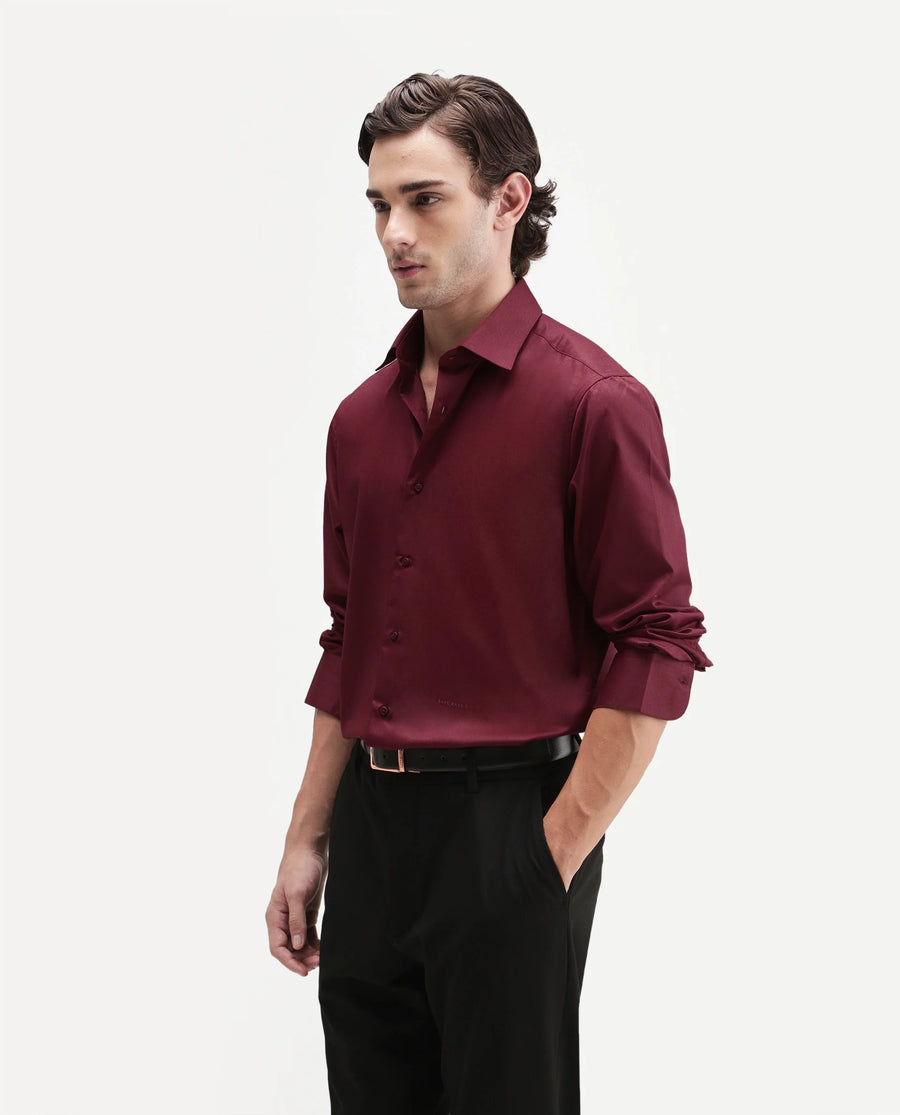 Rare Rabbit Men's Aston Maroon Polyester Blend Spread Collar Button Regular Plain Shirt