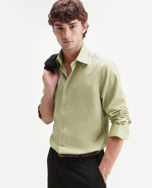 Rare Rabbit Men's Aston Light Green Polyester Blend Spread Collar Button Regular Plain Shirt