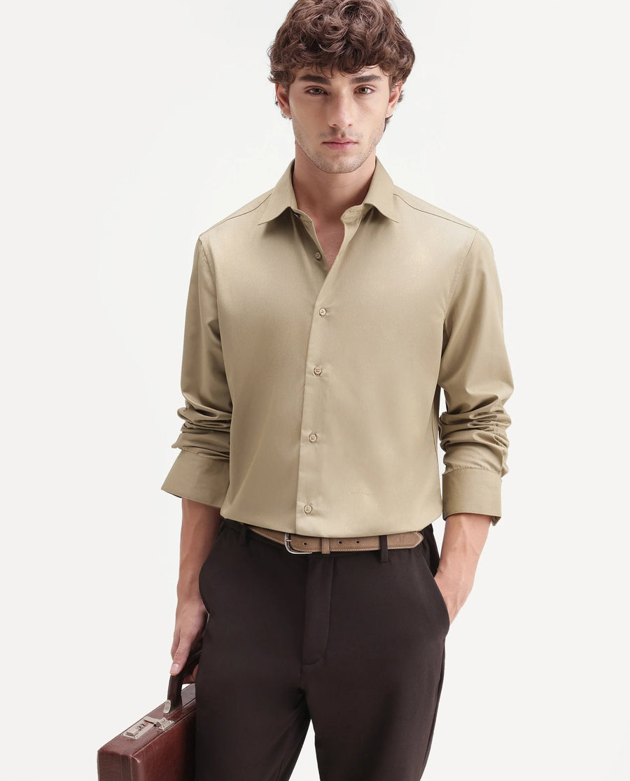 Rare Rabbit Men's Aston Gold Polyester Blend Spread Collar Button Regular Plain Shirt