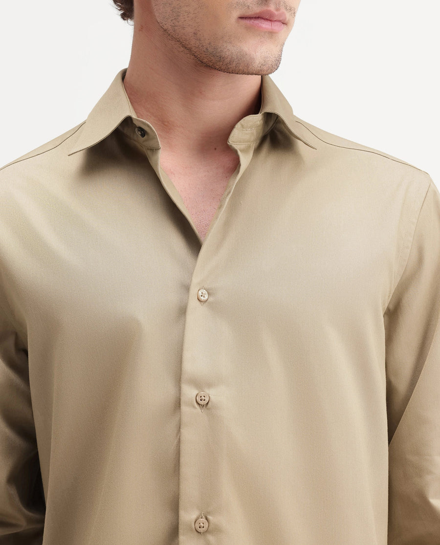 Rare Rabbit Men's Aston Gold Polyester Blend Spread Collar Button Regular Plain Shirt