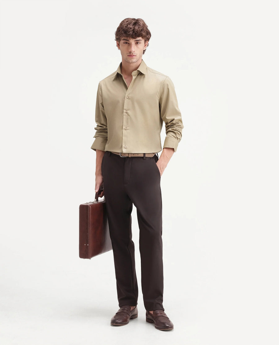 Rare Rabbit Men's Aston Gold Polyester Blend Spread Collar Button Regular Plain Shirt