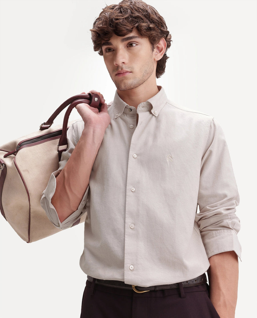 Rare Rabbit Men's Rezos Beige Cotton Button-Down Collar Regular Fit Plain Shirt