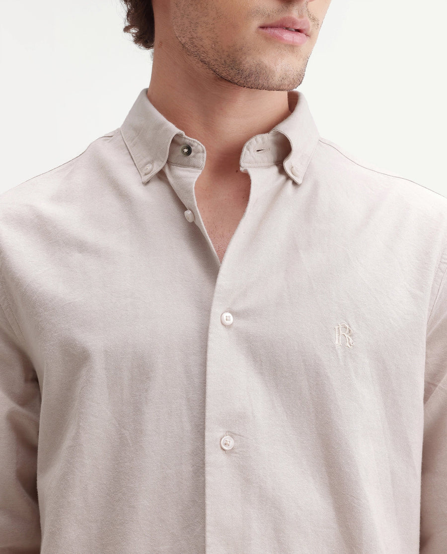 Rare Rabbit Men's Rezos Beige Cotton Button-Down Collar Regular Fit Plain Shirt