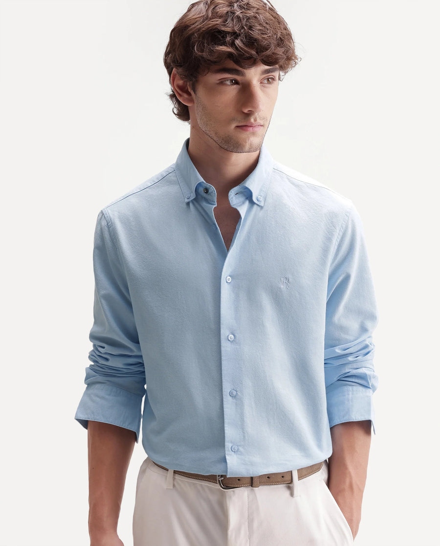 Rare Rabbit Men's Rezos Light Blue Cotton Button-Down Collar Regular Fit Plain Shirt
