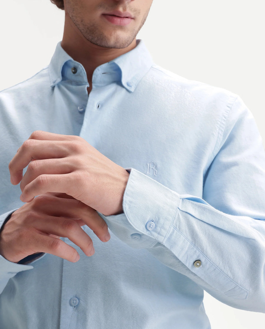 Rare Rabbit Men's Rezos Light Blue Cotton Button-Down Collar Regular Fit Plain Shirt