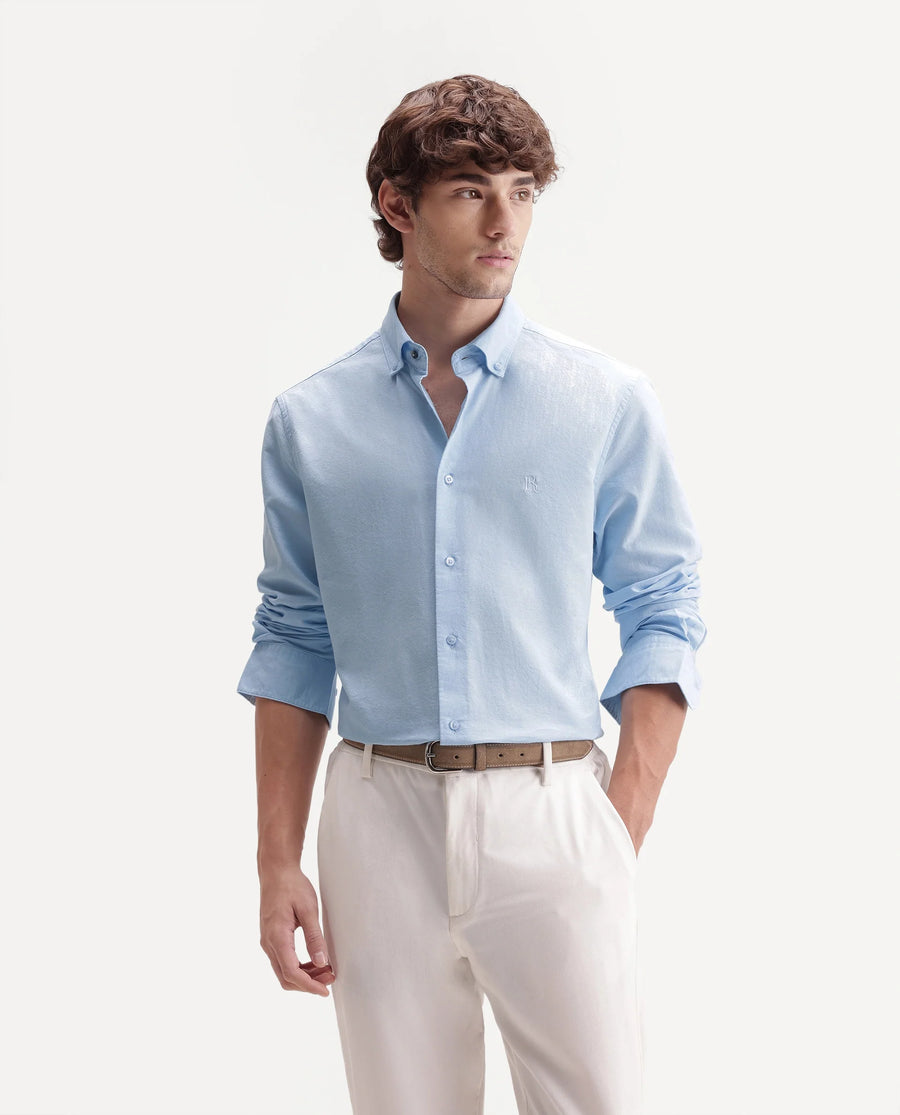 Rare Rabbit Men's Rezos Light Blue Cotton Button-Down Collar Regular Fit Plain Shirt