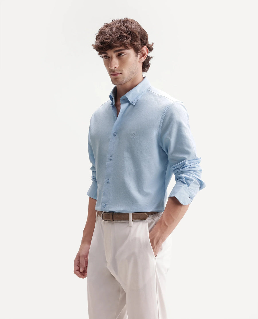 Rare Rabbit Men's Rezos Light Blue Cotton Button-Down Collar Regular Fit Plain Shirt